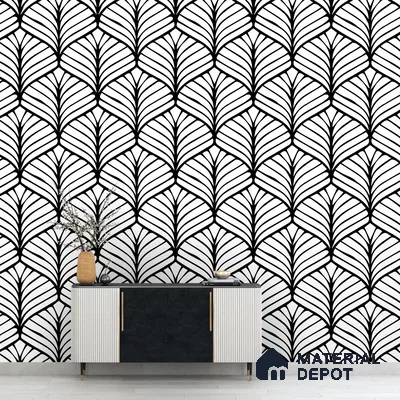A close-up of a Black and White Japanese Leaves Motif Wallpaper 19.6 Inches(W) x 420 Inches(H) Atarangi Series Abstract Patterned - 57 Sq. Ft. with a finish available at Material Depot in Bangalore