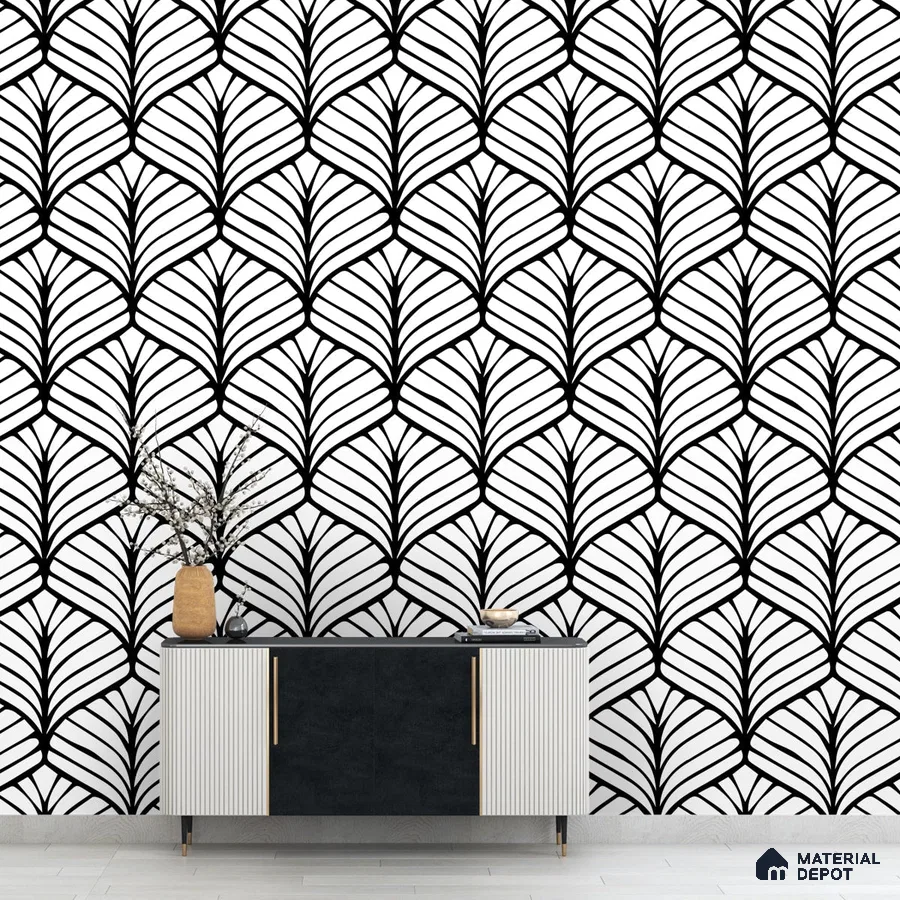 A close-up of a Black and White Japanese Leaves Motif Wallpaper 19.6 Inches(W) x 420 Inches(H) Atarangi Series Abstract Patterned - 57 Sq. Ft. with a finish available at Material Depot in Bangalore