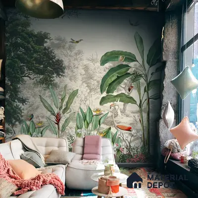 A close-up of a Jhurmut- Tropical Theme Designer Wallpaper Indrani Series Soft Feel Tropical Design (Customised Size Wallpaper )available at Material Depot in Bangalore