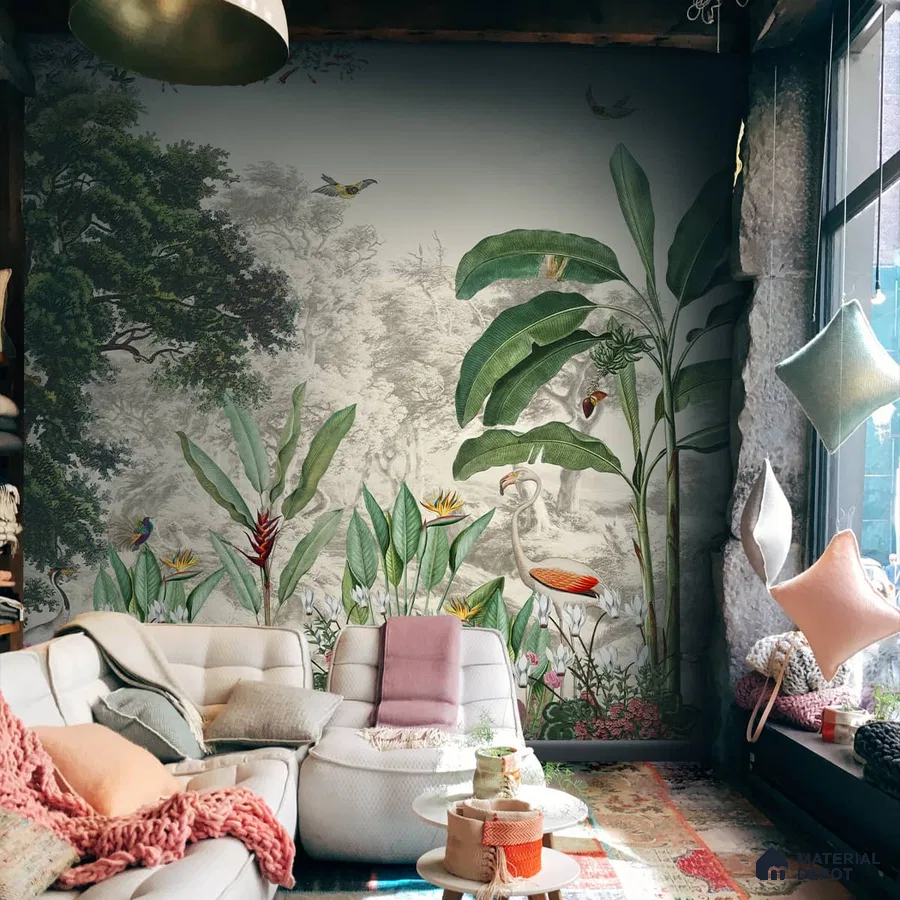 A close-up of a Jhurmut- Tropical Theme Designer Wallpaper Indrani Series Soft Feel Tropical Design (Customised Size Wallpaper )available at Material Depot in Bangalore
