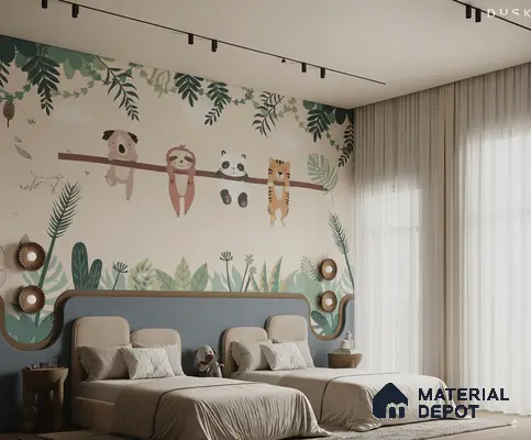 Kids’ Bedroom with Animal-Themed Wallpaper and Twin Beds in 3BHK Apartment, Sumadhura Silver Ripples Whitefield | Material Depot