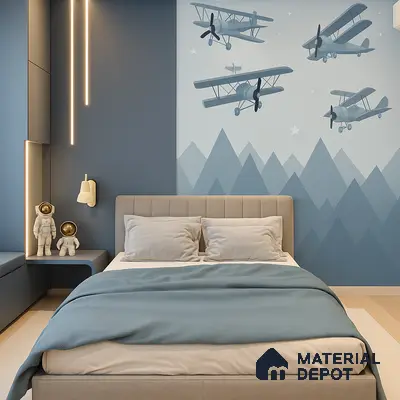 Kids Bedroom with Aviation-Themed Wallpaper, Blue Wall Panels, Upholstered Bed Back & Built-In Seating Niche at Prestige Misty Waters Hebbal | Material Depot