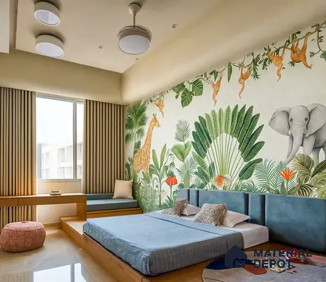 Kids Bedroom with Jungle Safari Wall Mural, Low Platform Bed with Teal Headboard, Built-in Daybed by the Window & Warm Beige Flooring in Prestige Royal Garden Doddaballapur | Material Depot