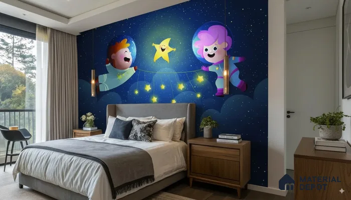 Kids bedroom with space-themed wall mural in 3bhk apartment in Durga Petals Marathahalli Bengaluru | Material Depot