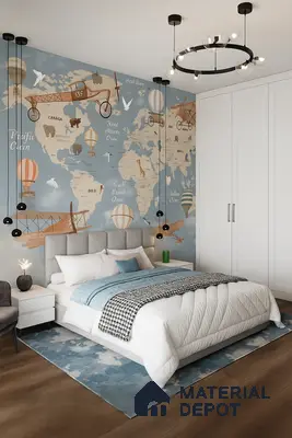 Kids Bedroom with World Map Wallpaper and Travel-Inspired Decor | Material Depot