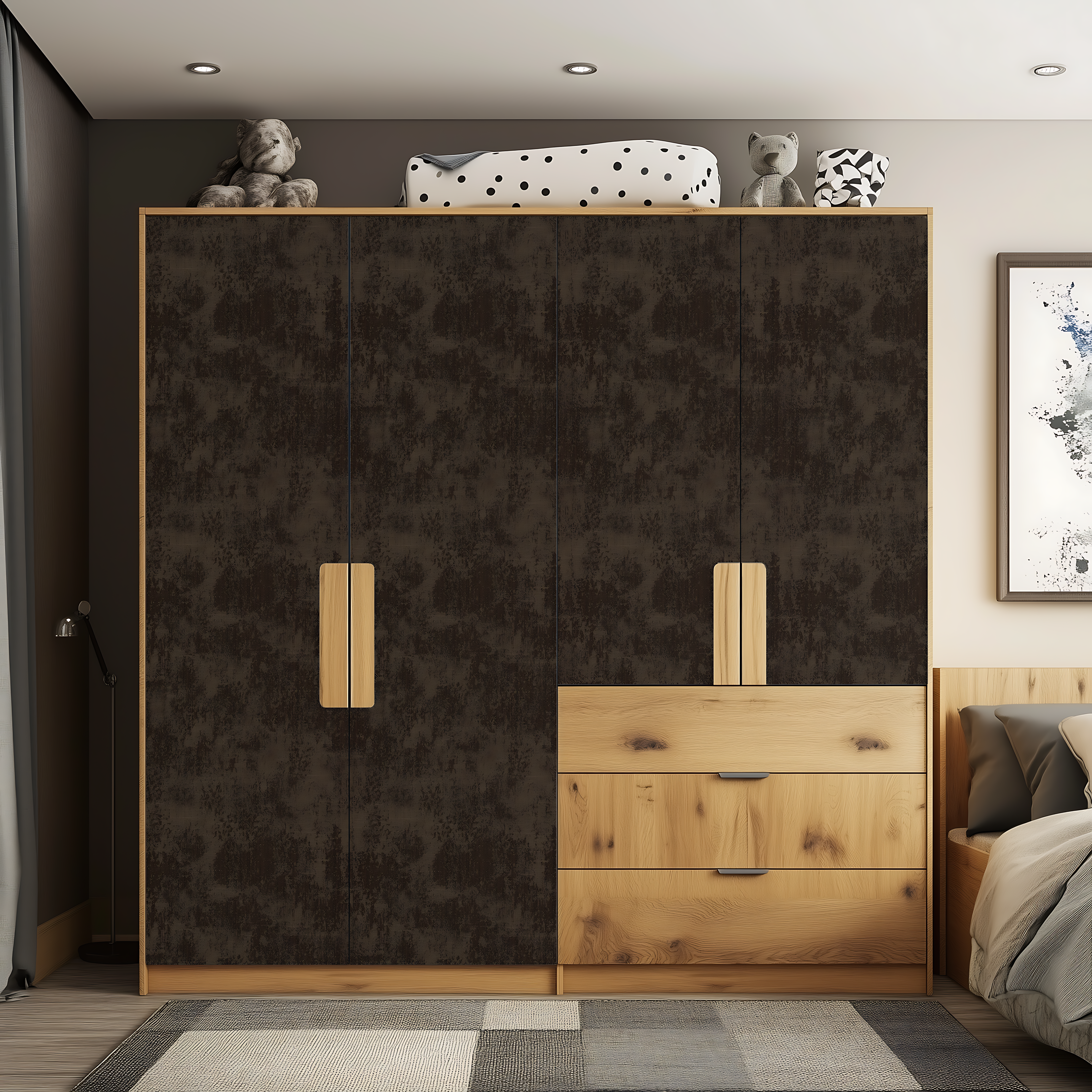 Dark Textured and Natural Wood Wardrobe with Loft Storage – Kids Room Design | Material Depot