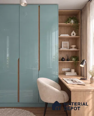 Kids Room Wardrobe and Study with Coral Pink High-Gloss Laminate