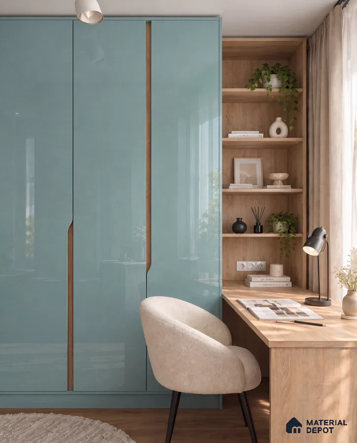 Kids Room Wardrobe and Study with Coral Pink High-Gloss Laminate