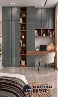 Kids Room Wardrobe and Study with Pearl Gray High-Gloss Laminate and Marble Floor Tile