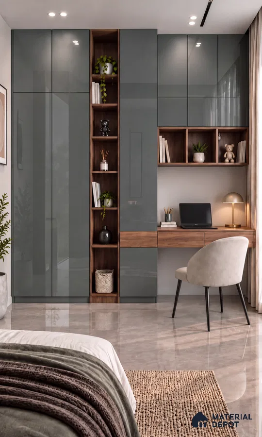Kids Room Wardrobe and Study with Pearl Gray High-Gloss Laminate and Marble Floor Tile