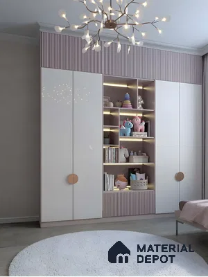 Kids Wardrobe With White Gloss Doors, Pink Fluted Panels, And Integrated Lighting | Material Depot