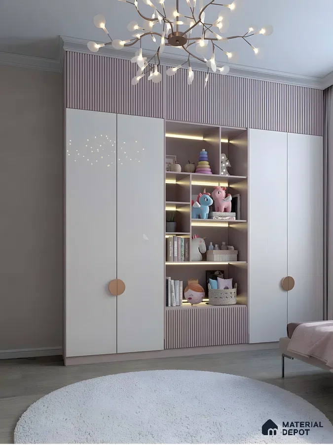 Kids Wardrobe With White Gloss Doors, Pink Fluted Panels, And Integrated Lighting | Material Depot