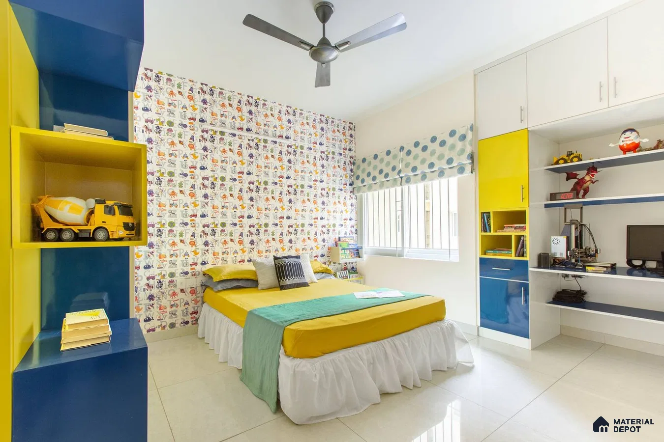 Cheerful kids' room with colorful wallpaper