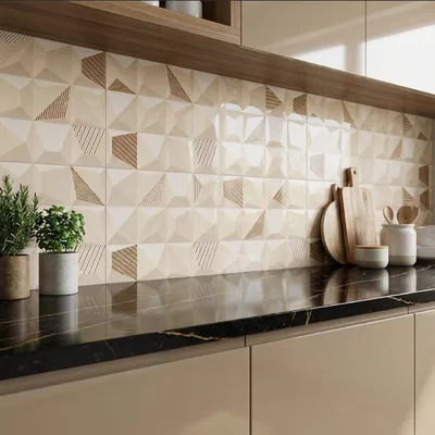 Closeup application image of 3D Tiles in Kitchen Backsplash