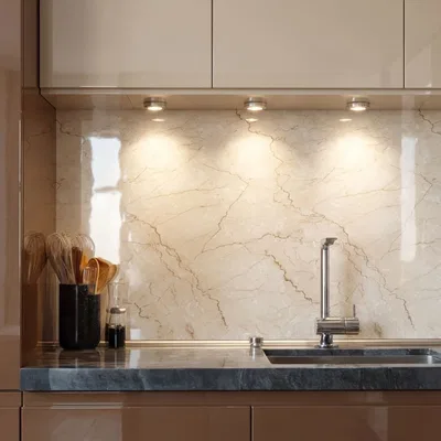 Closeup application image of Marble Tiles in Kitchen Backsplash