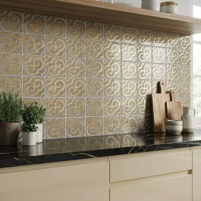 Closeup application image of Handcrafted Tiles in Kitchen Backsplash