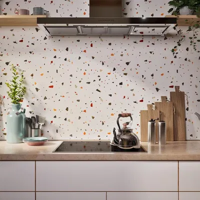 Closeup application image of Terrazzo Tiles in Kitchen Backsplash