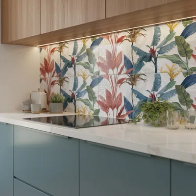 Closeup application image of Tropical/Floral Tiles in Kitchen Backsplash