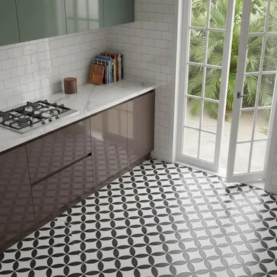 Closeup application image of Geometric Moroccan Floor Tiles in Kitchen