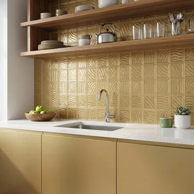 Closeup application image of Glass Highlighter Tiles in Kitchen Backsplash