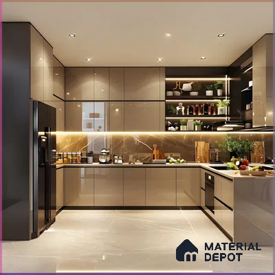 Kitchen Interior With Marble Backsplash And Open Shelving | Material Depot