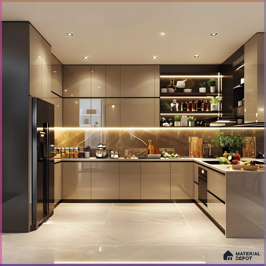 Kitchen Interior With Marble Backsplash And Open Shelving | Material Depot