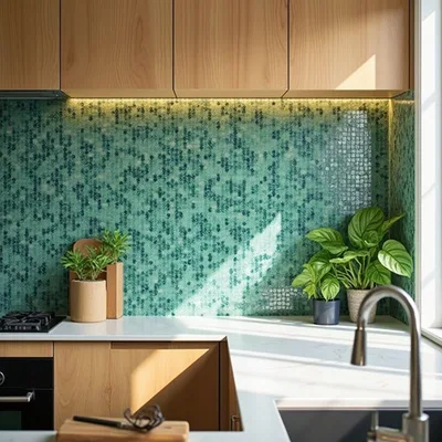 Closeup application image of Mosaic Tiles in Kitchen Backsplash