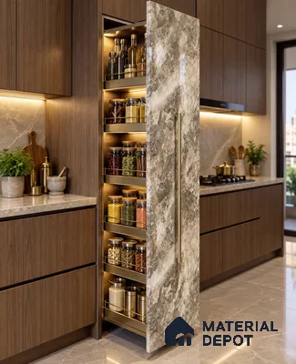 Kitchen Tall Unit with Emperador Brown Marble-Look High-Gloss Laminate Door
