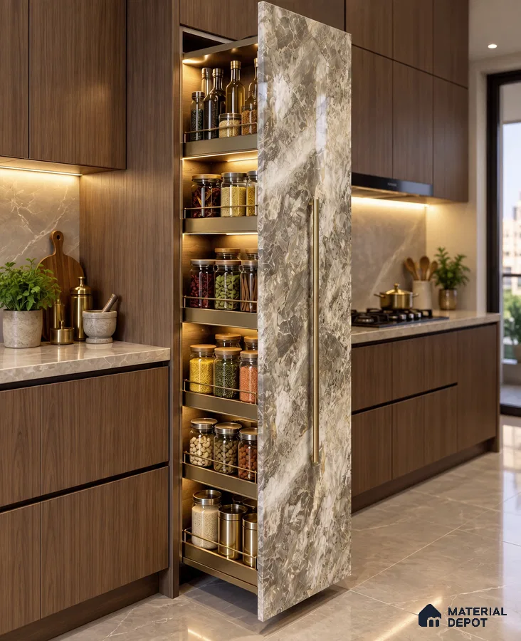 Kitchen Tall Unit with Emperador Brown Marble-Look High-Gloss Laminate Door