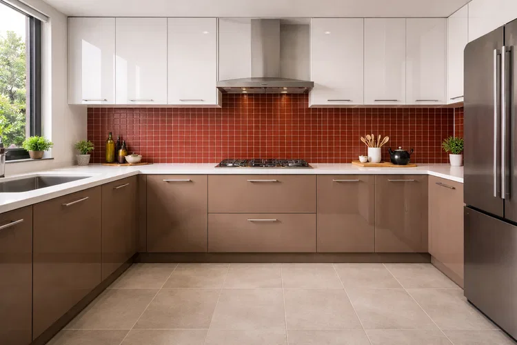 Image showing the materials sample of Kitchen Wall Tiles in Hyderabad Store along with the mockup image of its application area