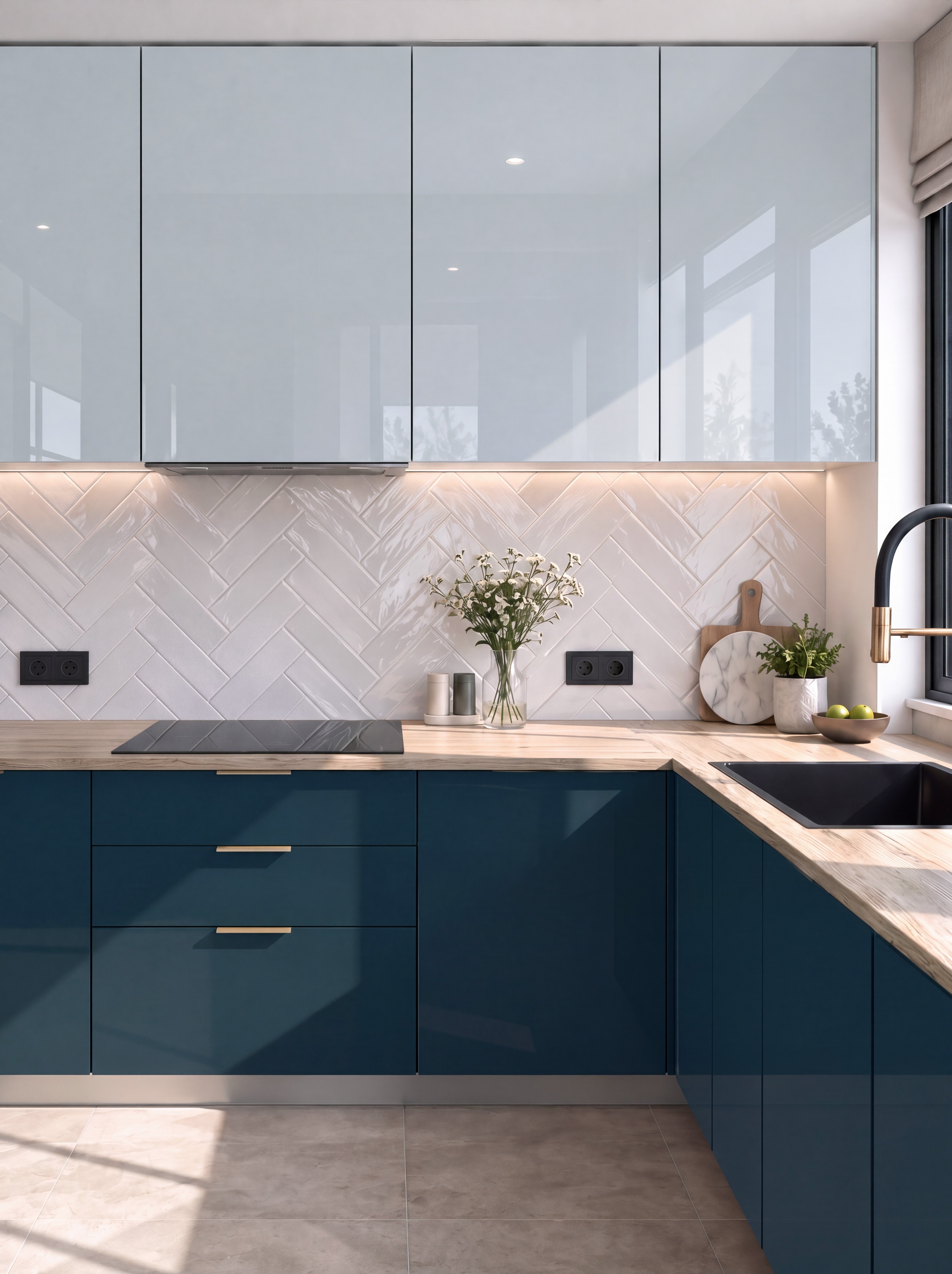 Kitchen with Ash Grey and Navy Blue High-Gloss Laminate