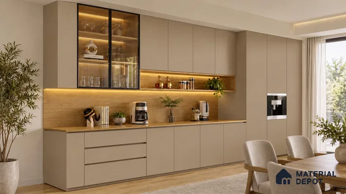 Kitchen with Blush Greige Matte Laminate and Oak Wood-Look Backsplash Panel