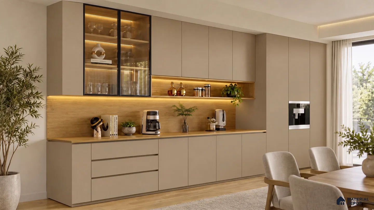 Kitchen with Blush Greige Matte Laminate and Oak Wood-Look Backsplash Panel