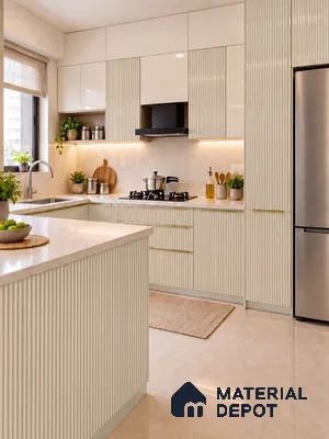 Kitchen with Brandy Rose Cream Fluted High-Gloss Laminate and Marble Floor