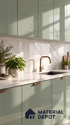 Kitchen with Camouflage Sage Green High-Gloss Laminate and Marble Backsplash