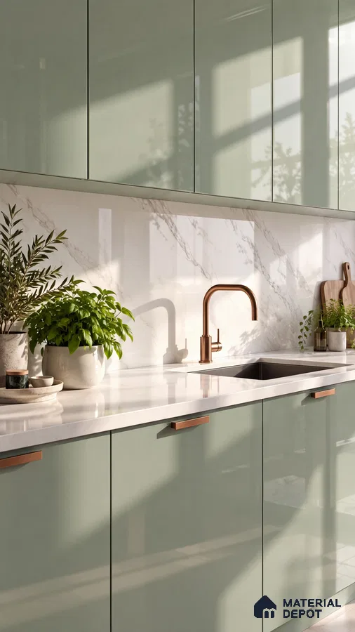 Kitchen with Camouflage Sage Green High-Gloss Laminate and Marble Backsplash