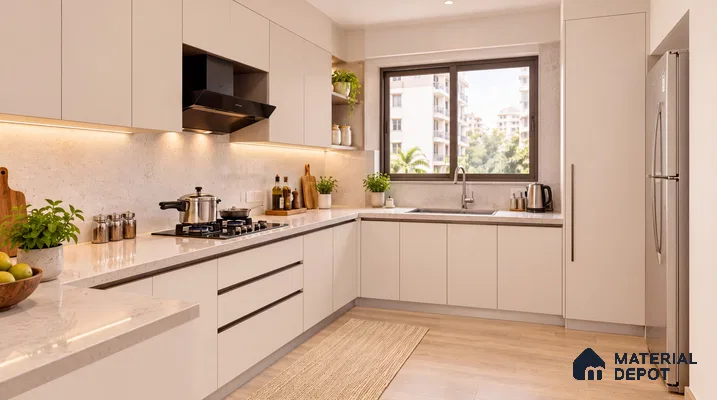 Kitchen with Champagne Gold Matte Laminate and Wild Walnut Wood Floor