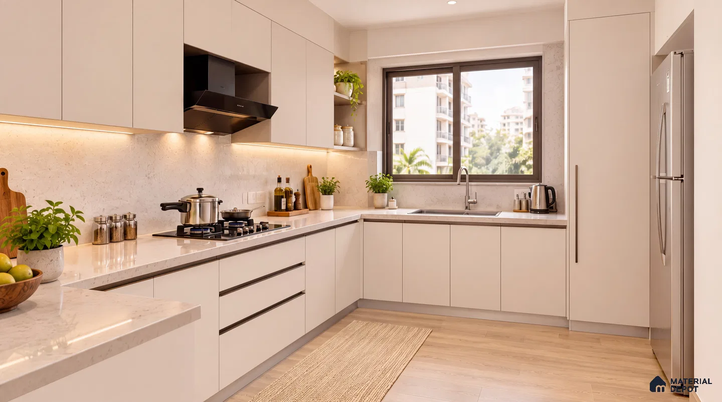 Kitchen with Champagne Gold Matte Laminate and Wild Walnut Wood Floor