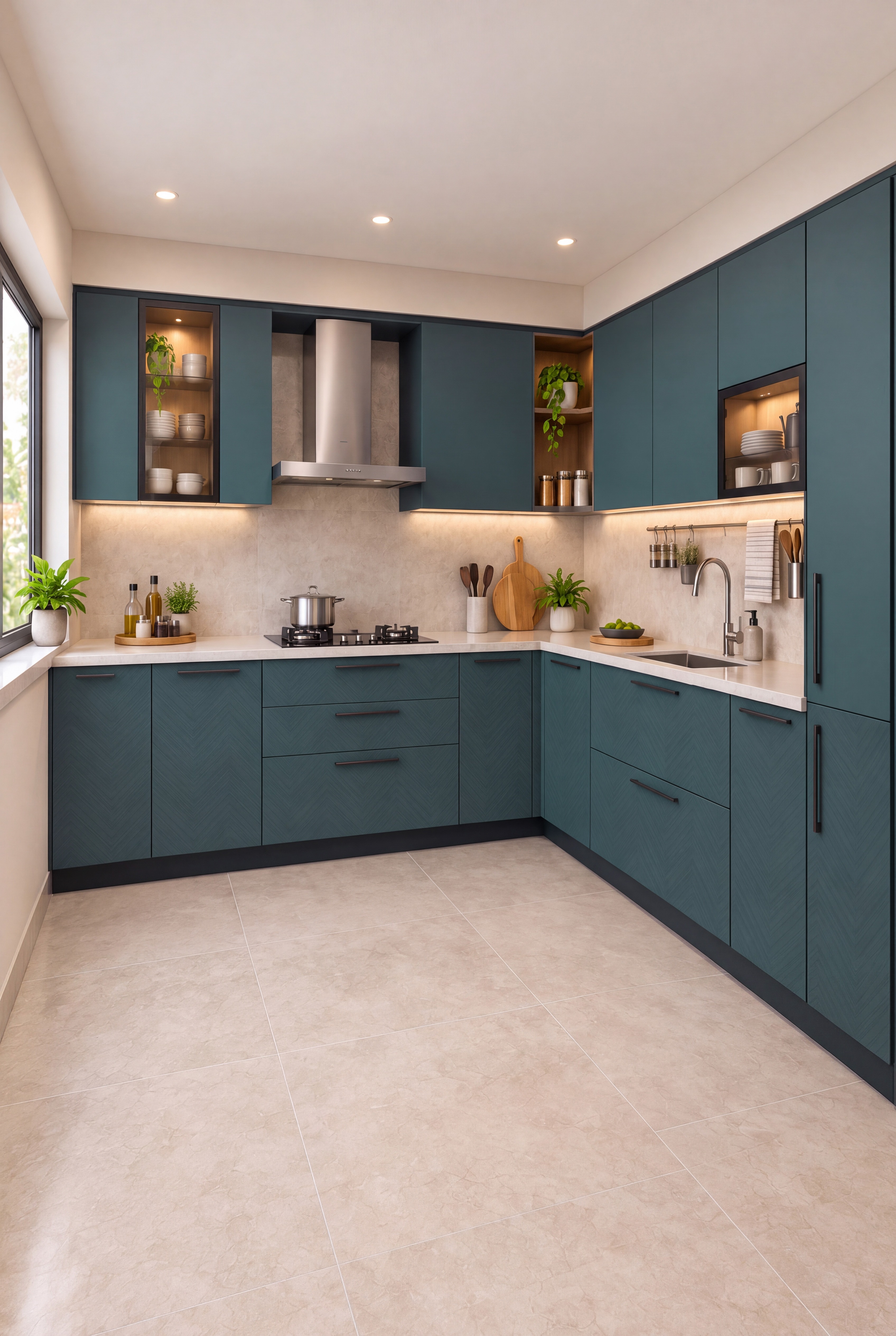 Kitchen with Deep Sea Blue Chevron Texture and Silky Matte Laminate