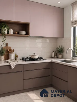 Kitchen with Dusty Pink and Brown Matte Laminate and White Brick Backsplash Tile