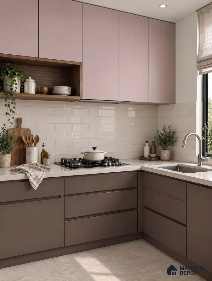 Kitchen with Dusty Pink and Brown Matte Laminate and White Brick Backsplash Tile