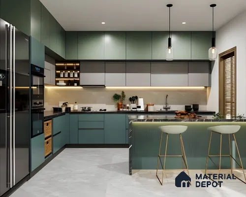 Kitchen With Green Cabinets And Stainless Steel Appliances | Material Depot