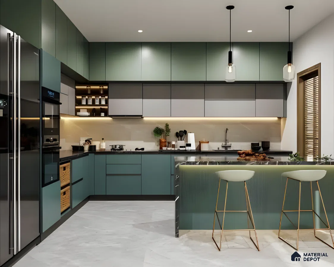 Kitchen With Green Cabinets And Stainless Steel Appliances | Material Depot