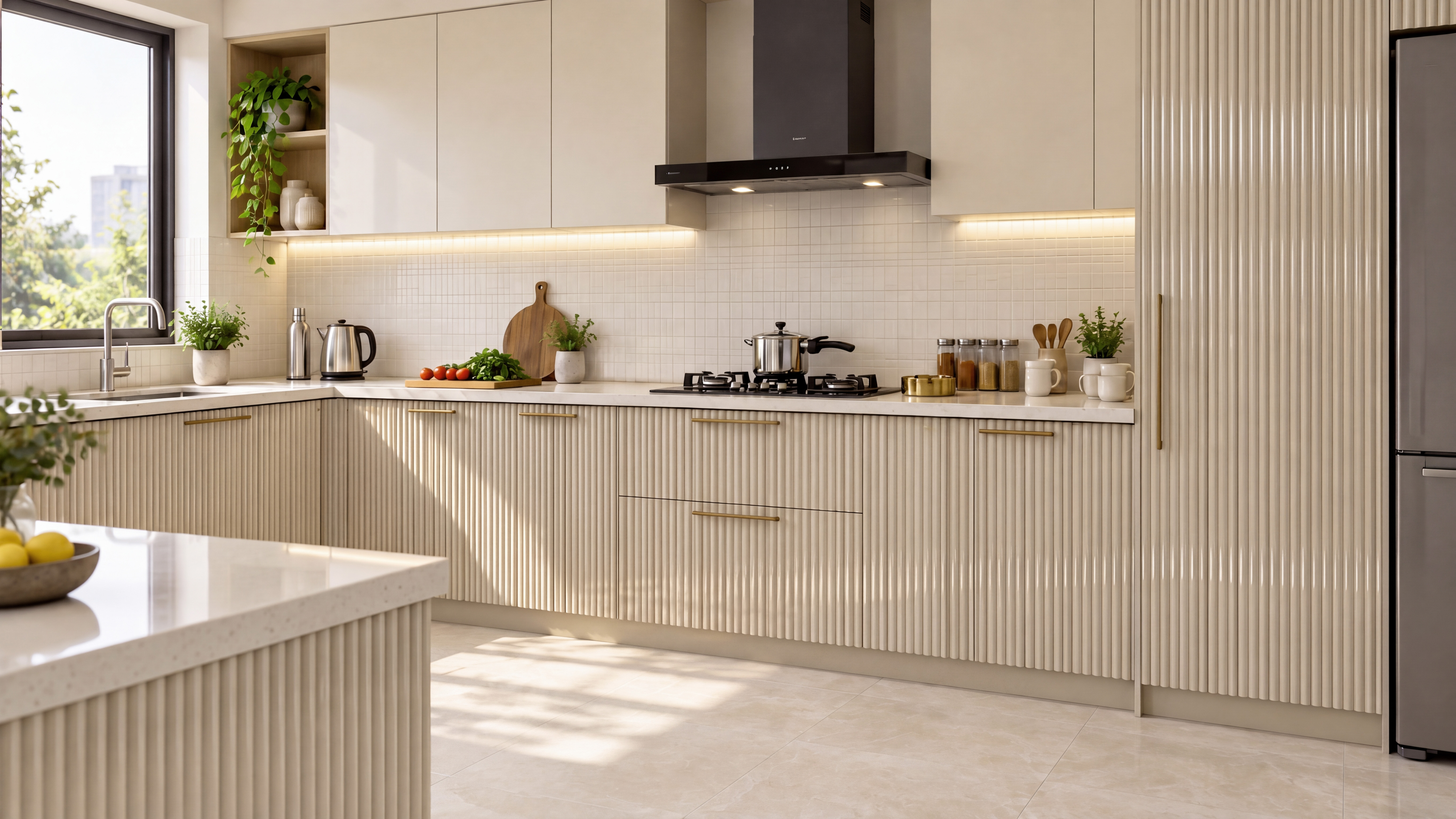 Kitchen with Greige Fluted High-Gloss Laminate Cabinets and Island