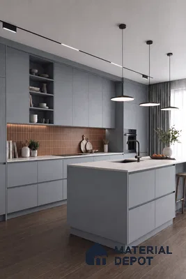 Kitchen with Grey-Blue Matte Laminate, Terracotta Subway Backsplash Tile and Wood Floor Tile