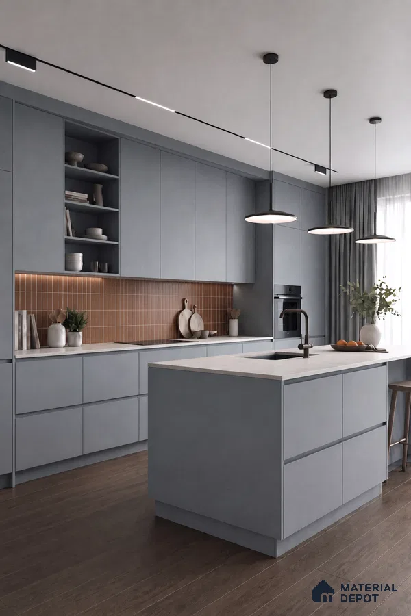 Kitchen with Grey-Blue Matte Laminate, Terracotta Subway Backsplash Tile and Wood Floor Tile