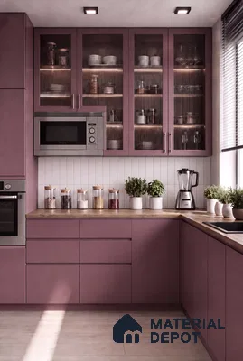 Kitchen with Mauve Matte Laminate, White Subway Backsplash Tile and Wood-Look Floor Tile