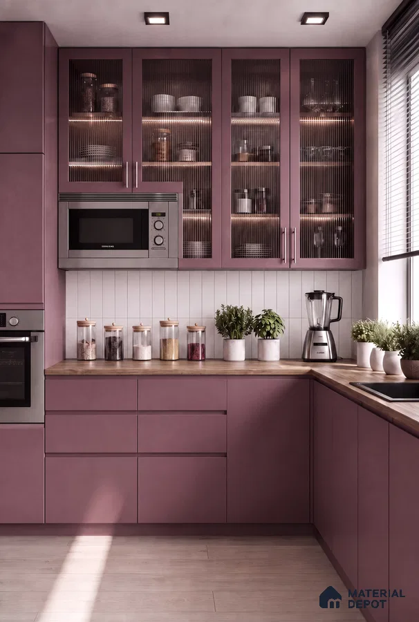 Kitchen with Mauve Matte Laminate, White Subway Backsplash Tile and Wood-Look Floor Tile