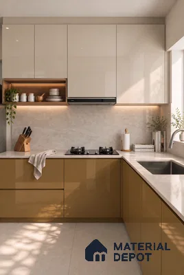 Kitchen with Metallic Khaki and Cream High-Gloss Laminate and Botticino Marble Tile