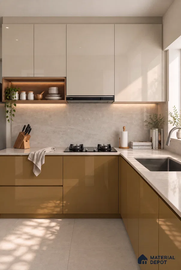 Kitchen with Metallic Khaki and Cream High-Gloss Laminate and Botticino Marble Tile